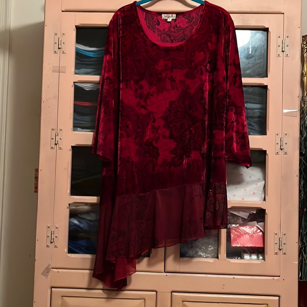 Scoop Neck Long Sleeve Top w/ Asymmetrical Hemline, Chiffon Ruffle, & Crystals-